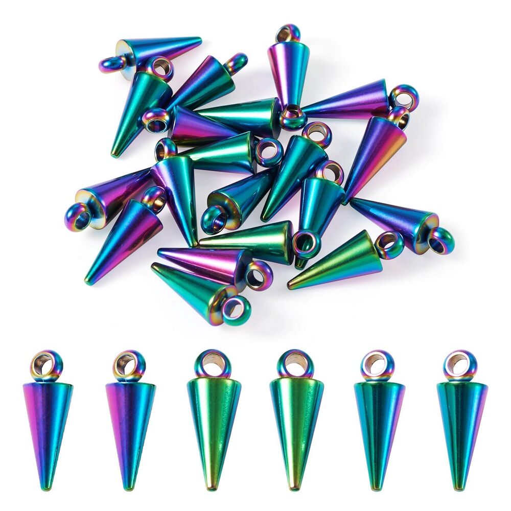 8010 20pcs Rainbow Spike Charms 304 Stainless Steel Cone Pendants Bullet